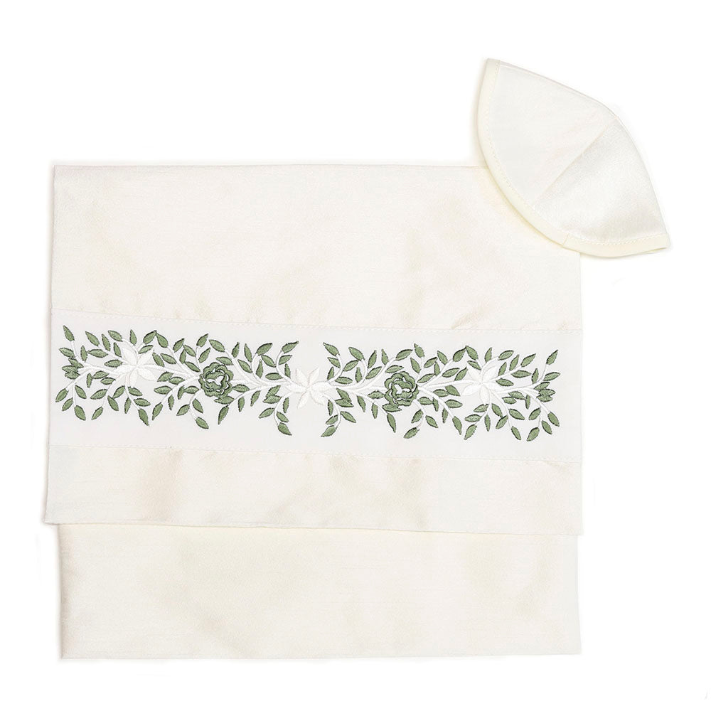 Sage Embroidered Rose Tallit Set