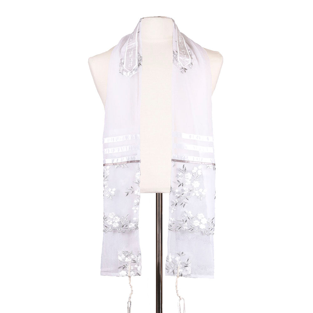 Tallit Set- Silver and White Embroidered Flowers