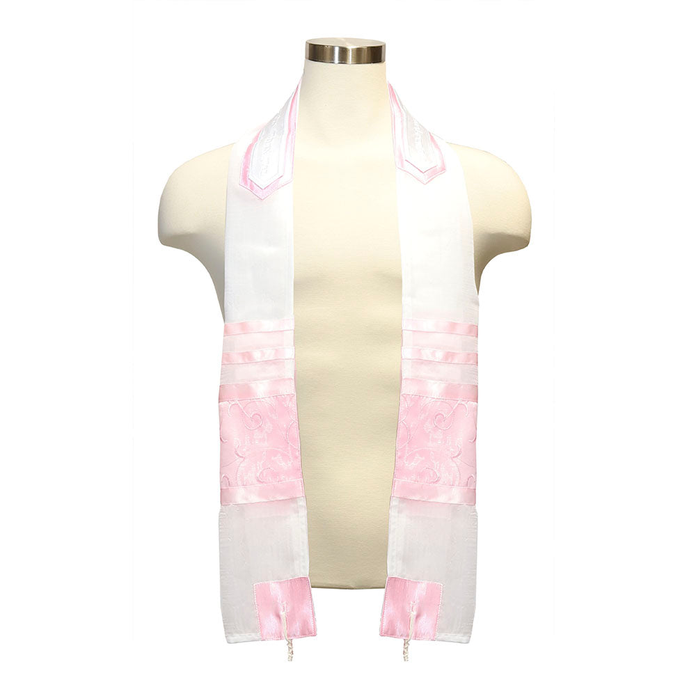 Tallit Set White Chiffon with Pink Spirals