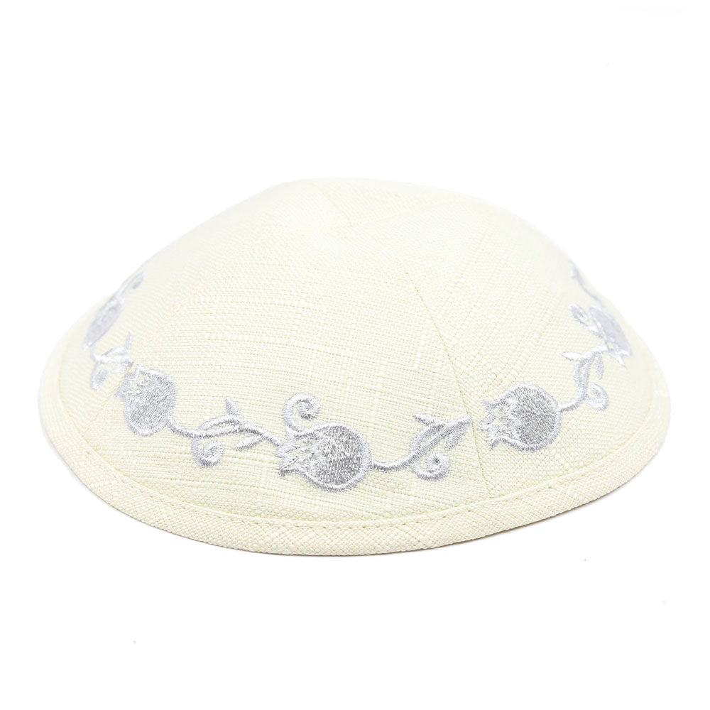 Linen Kippah with Silver Embroidered Pomegranates on Cream