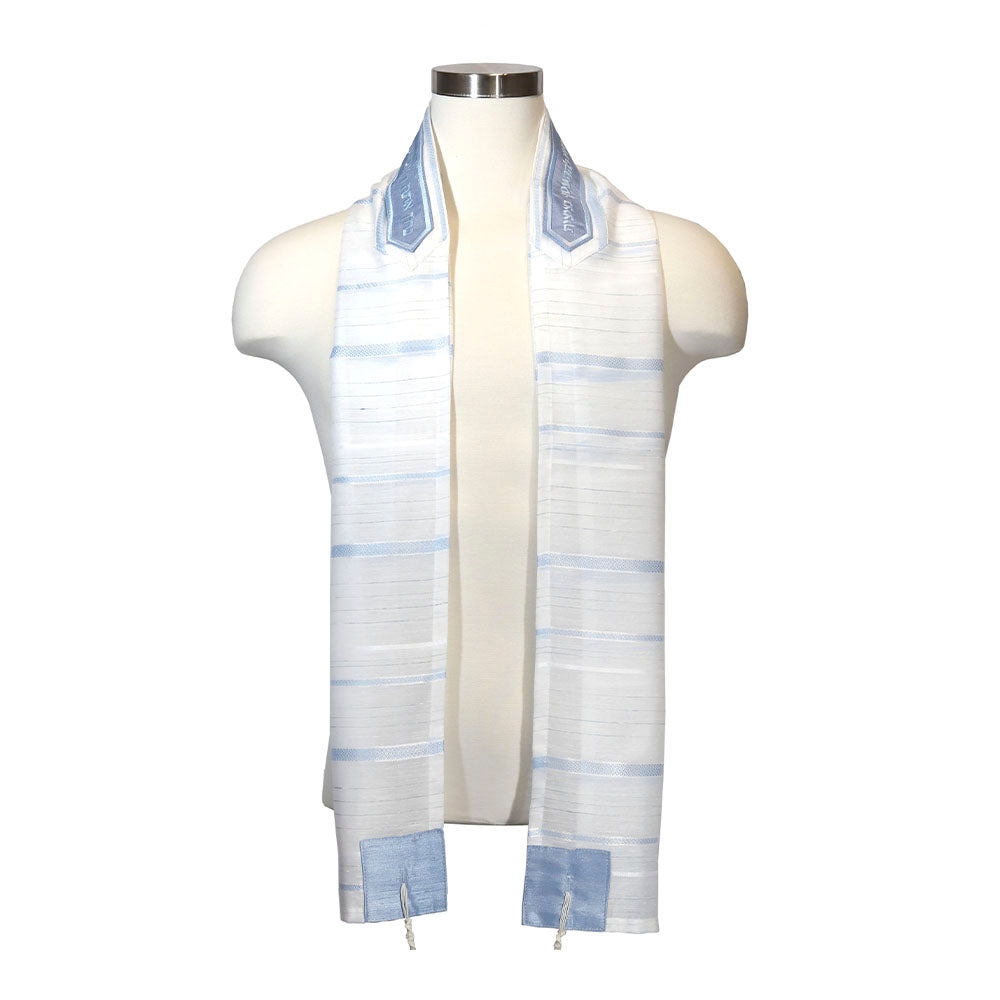 Tallit Set White Chiffon with Light Blue Bands