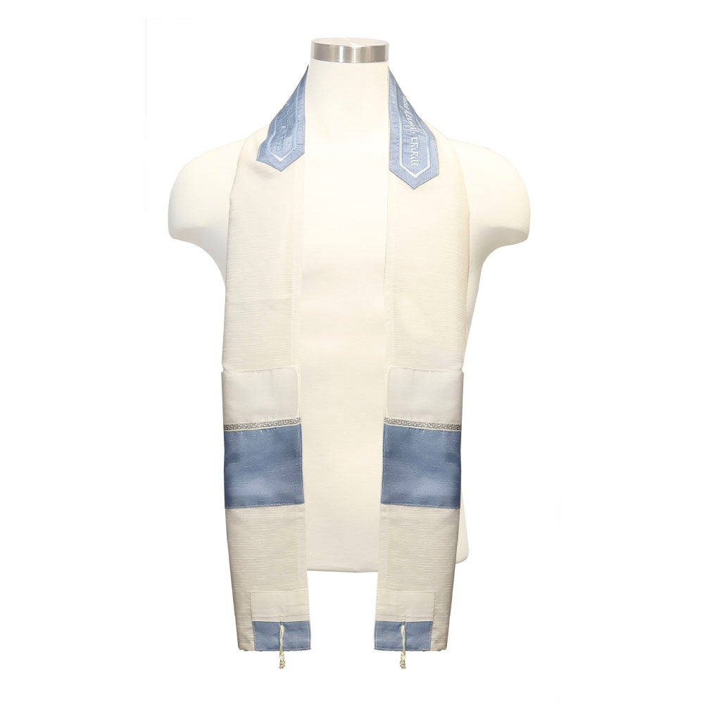 Tallit Set White Chiffon with Silver & Light Blue