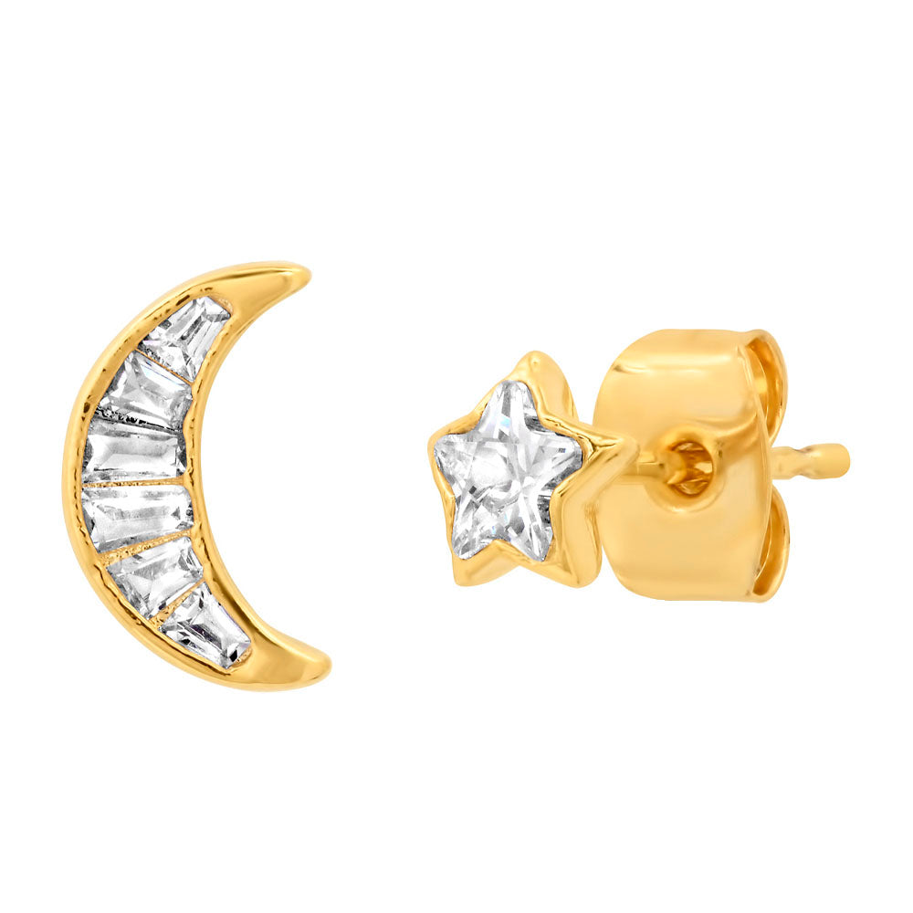 Star and Moon CZ Stud Earrings