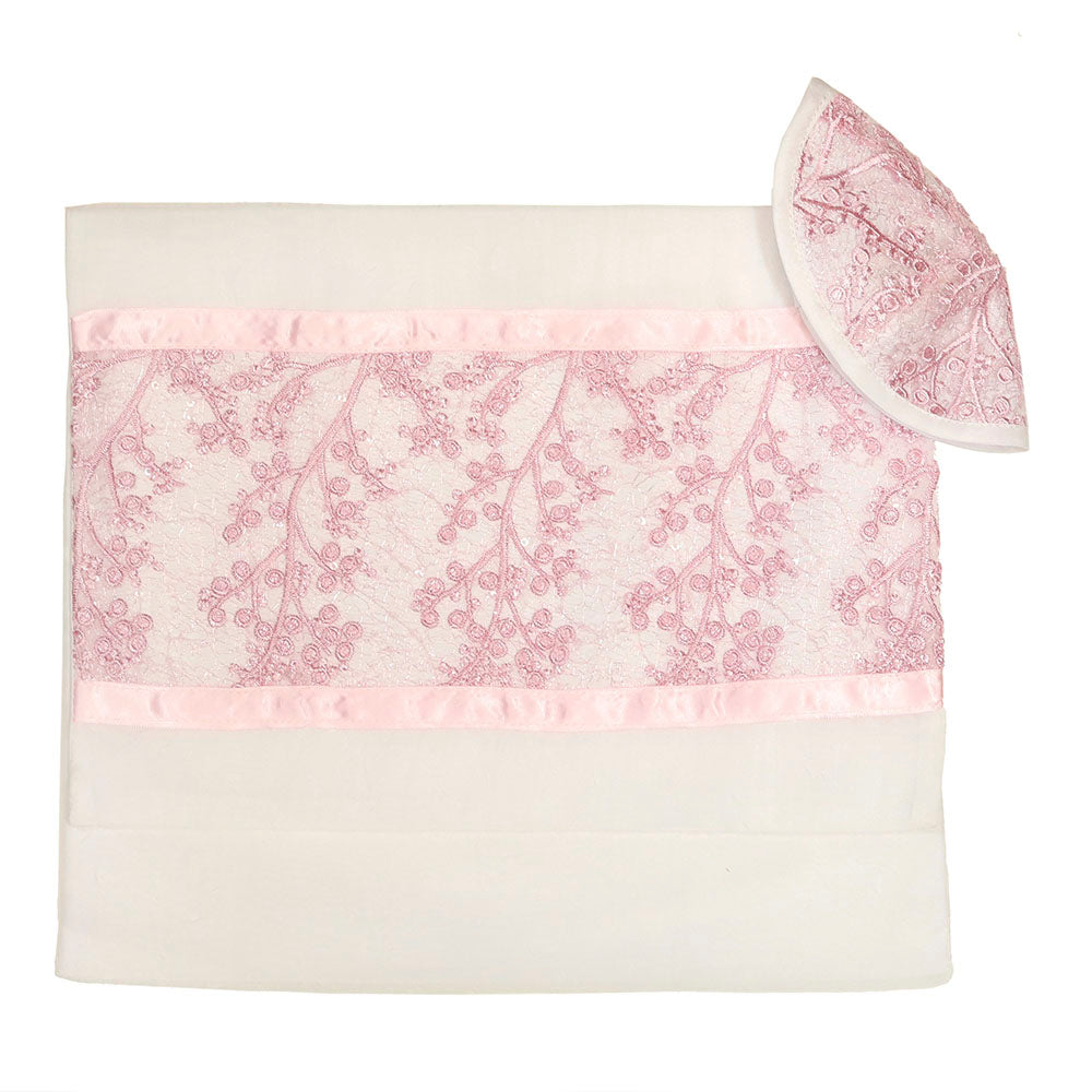 Tallit Set White Chiffon with Pink Lace