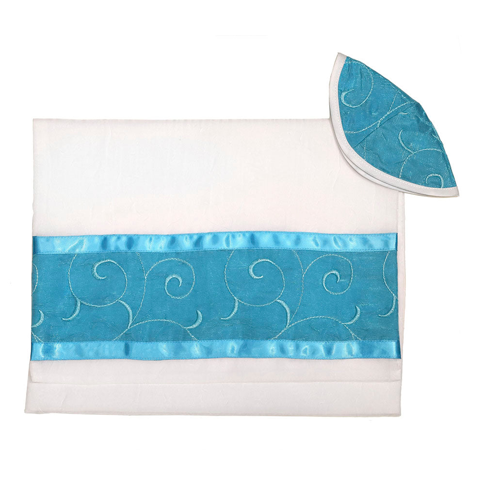 Teal Spiral on Chiffon Tallit Set