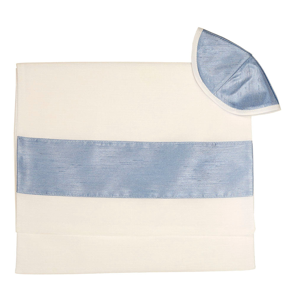 Tallit Set White Chiffon with Silver & Light Blue