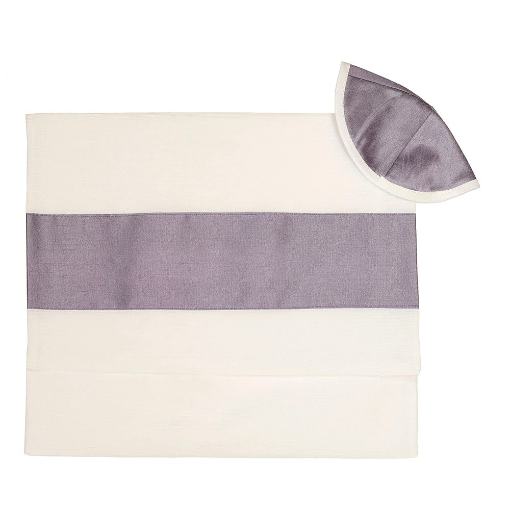 Tallit Set White Chiffon with Silver & Lavender