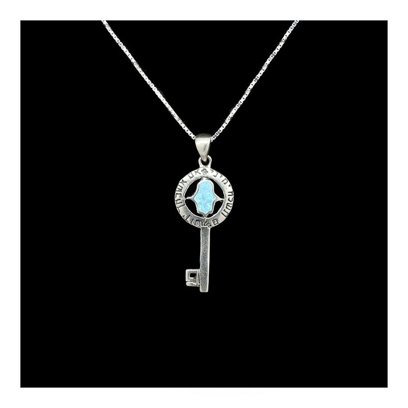 Sterling and Opal Key with Hamsa Necklace