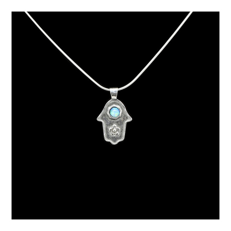 Sterling Hamsa with Flower and Opal Necklace