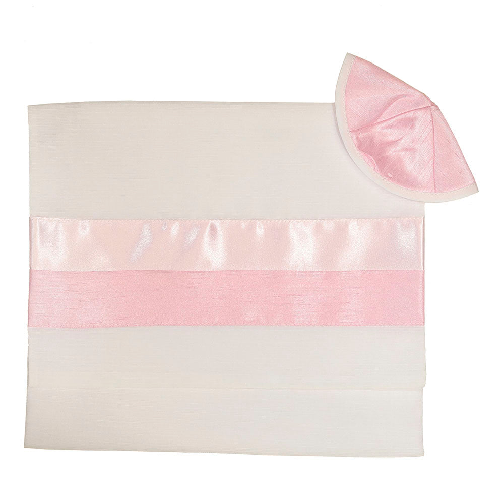Tallit Set White Chiffon with Silver & Pink