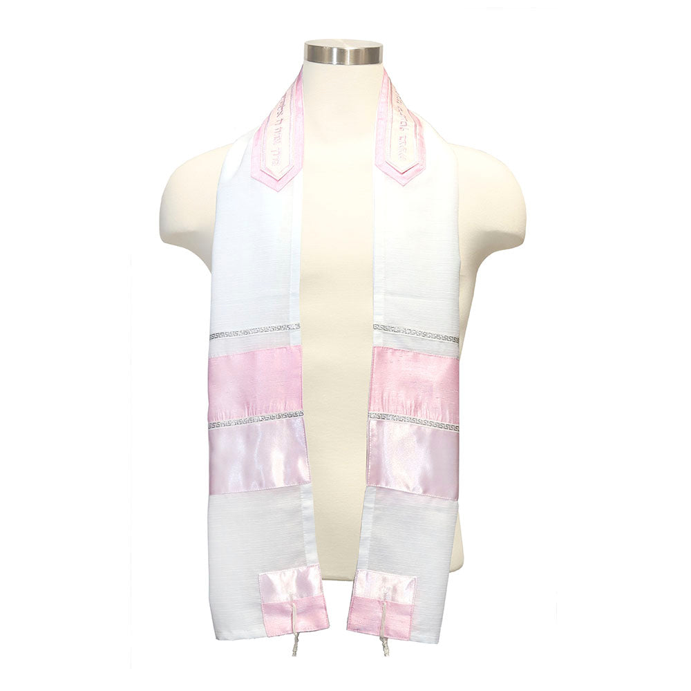Tallit Set White Chiffon with Silver & Pink