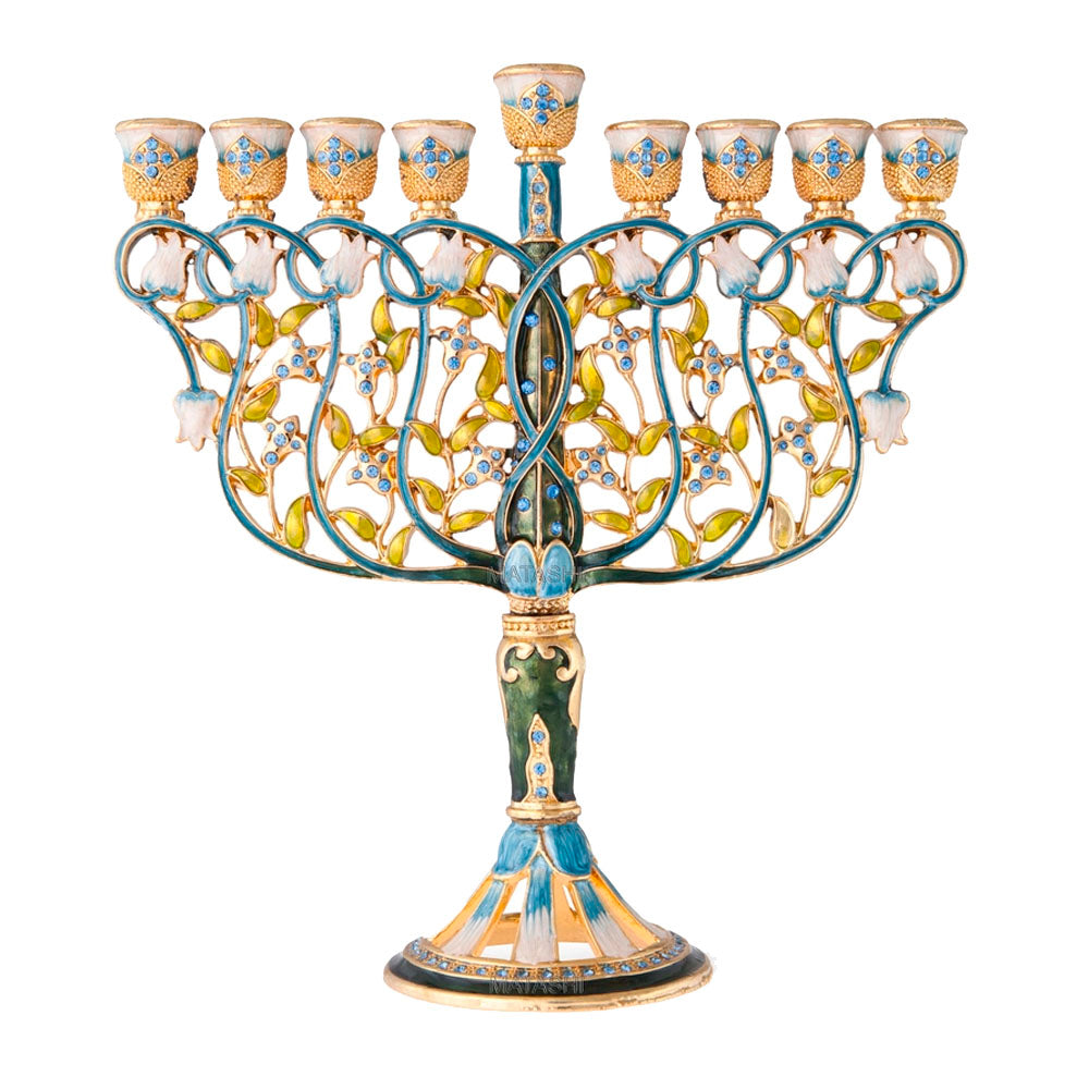 Intertwining Flower Blue Crystals Hanukkiah