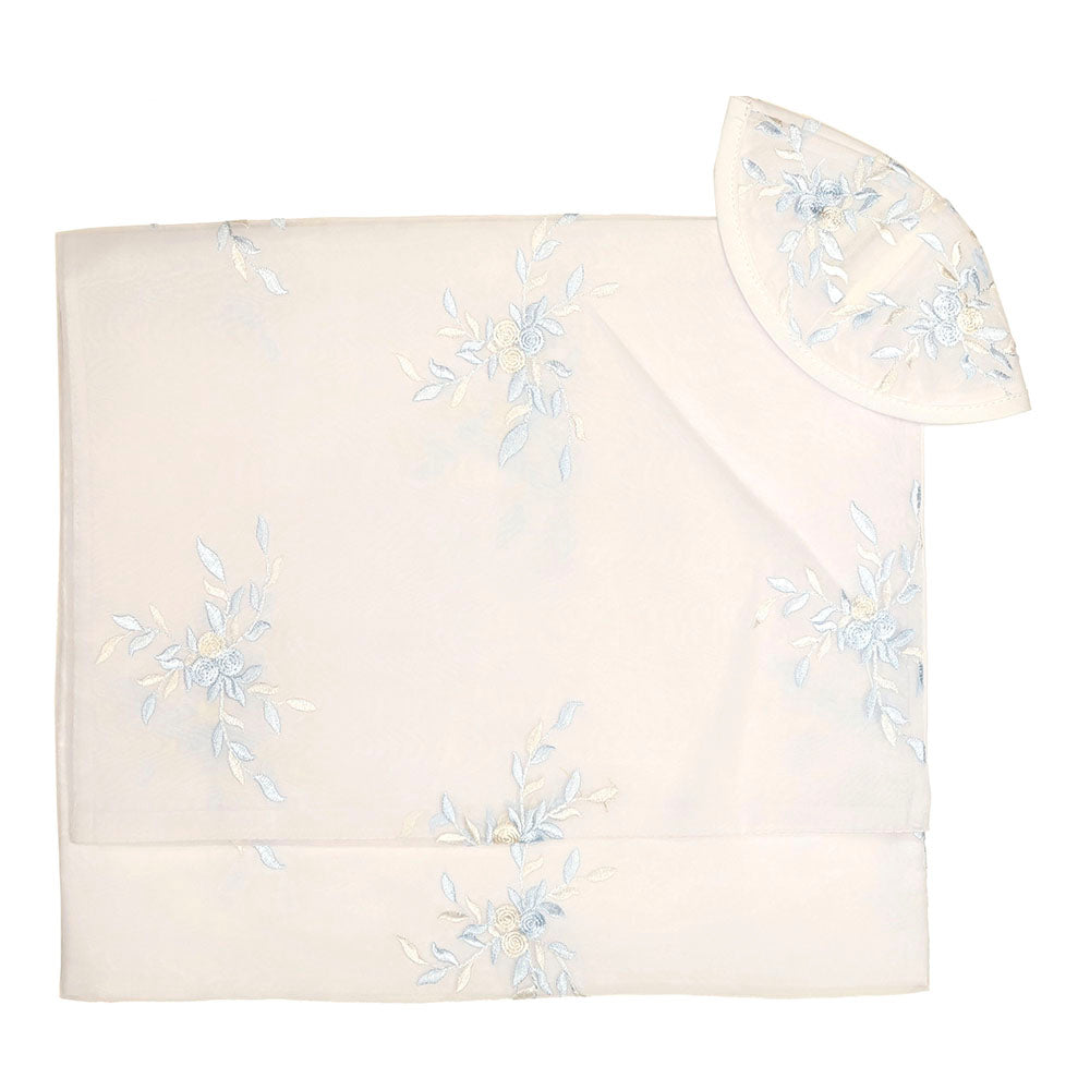 Tallit Set White Organza with Baby Blue Floral