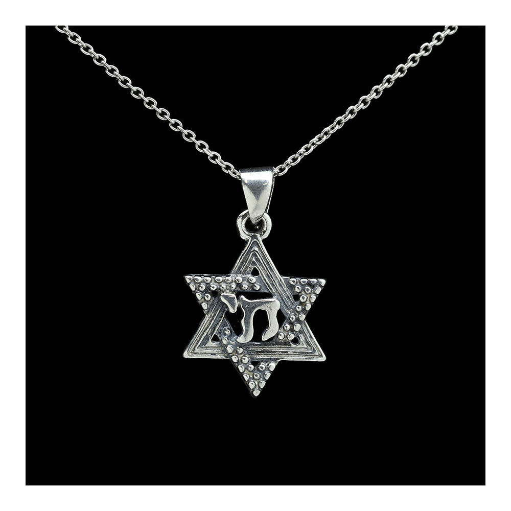Sterling Oxidized Star of David with Chai Necklace