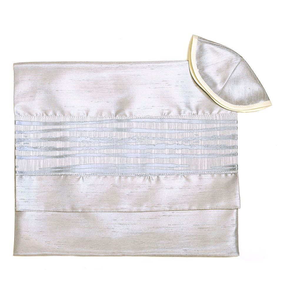 Ivory with Silver Wave Ribbons Tallit Set