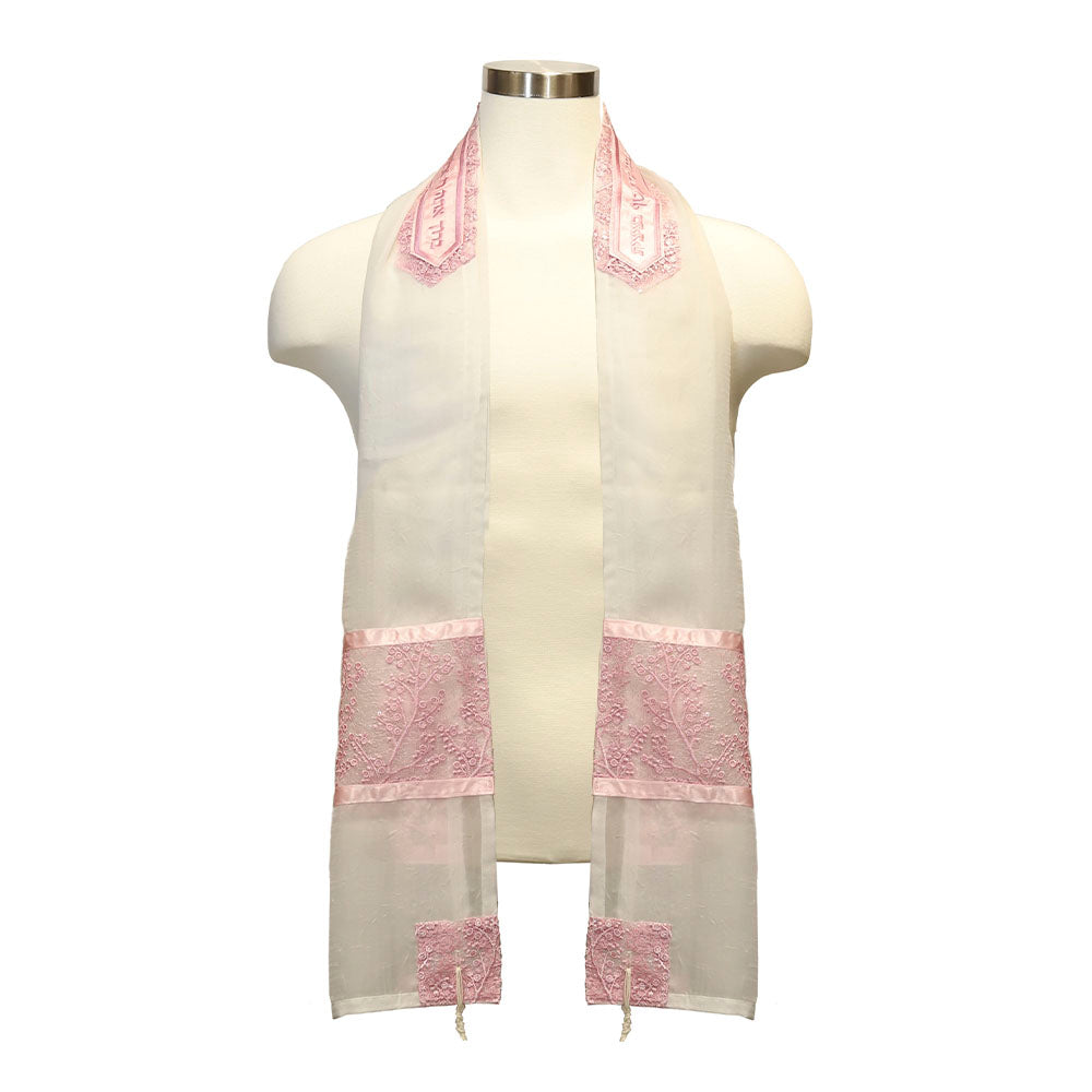 Tallit Set White Chiffon with Pink Lace