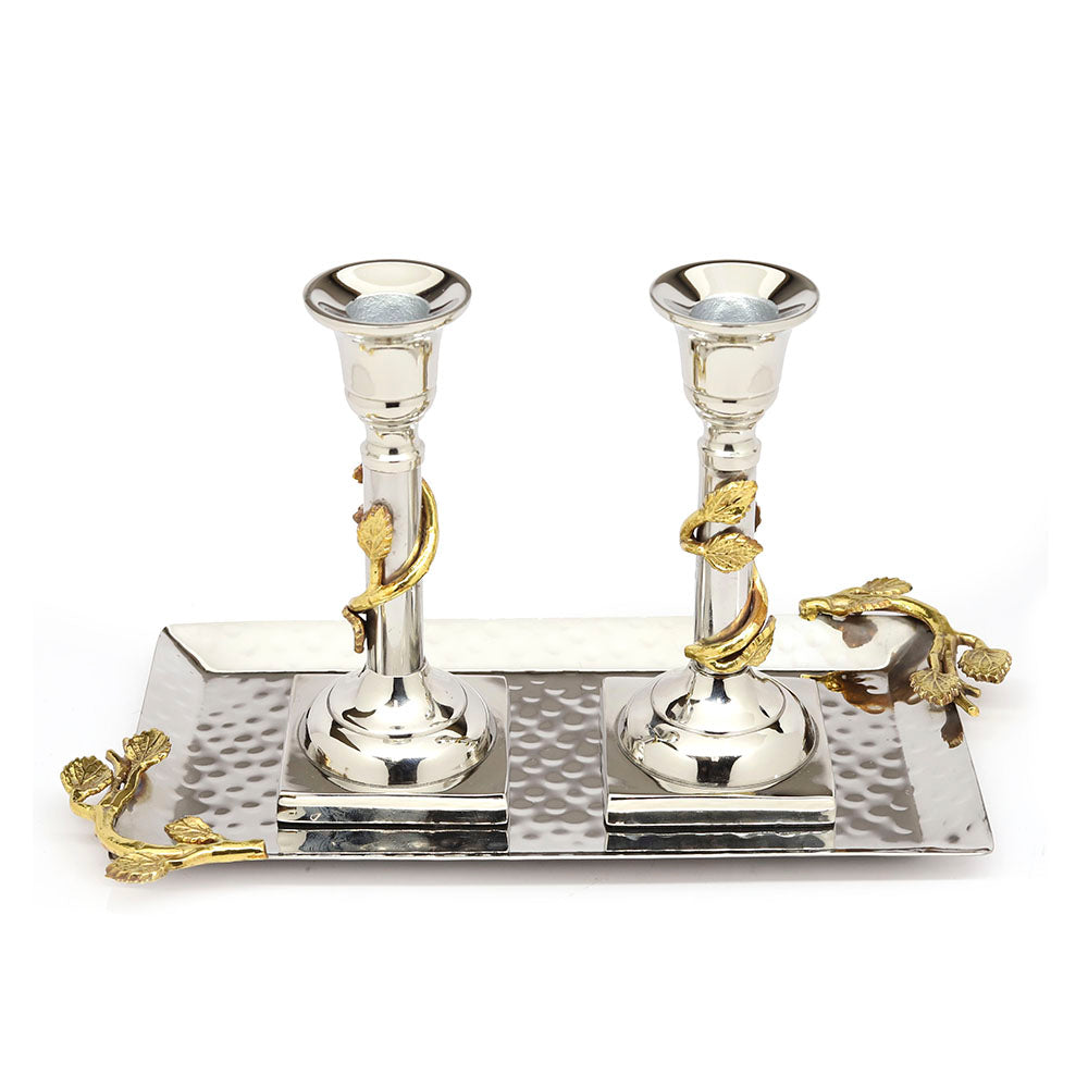 2 Silver Candlesticks with Gold Leaf Design on Tray