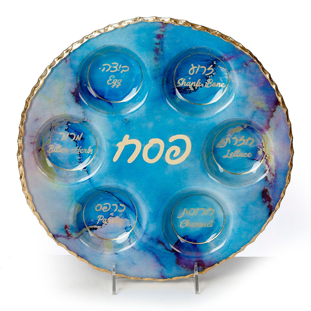 Blue Marble Design Glass Round Seder Plate