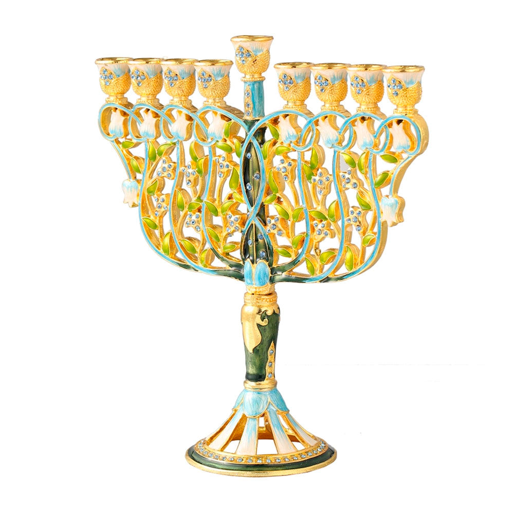 Intertwining Flower Blue Crystals Hanukkiah