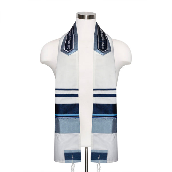 Cream with Navy and Blue-Gray Ribbons Tallit Set