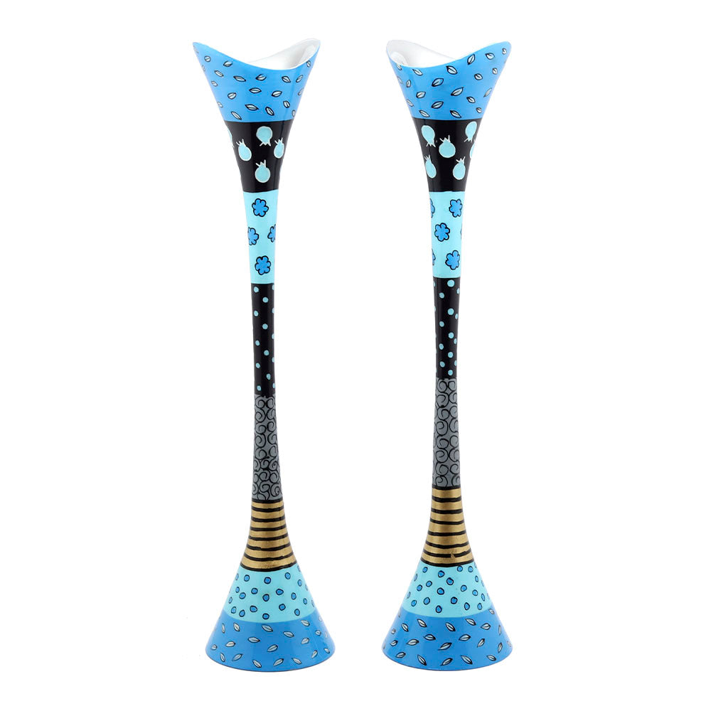Candlestick Pair Tall Blue & Black Pattern
