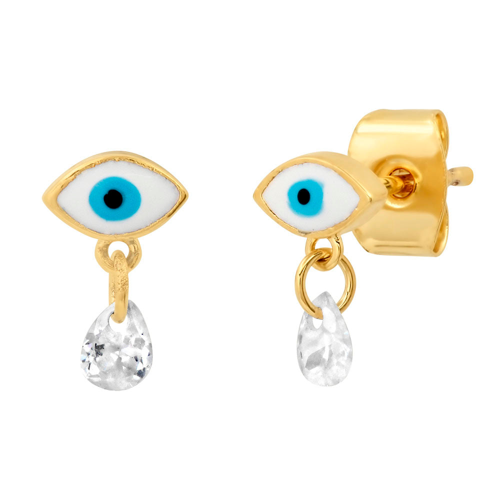 Enamel Evil Eye Stud Earrings with CZ Dangle