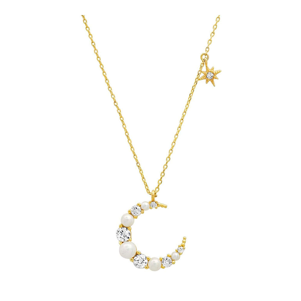 Pearl and CZ Crescent Moon Pendant