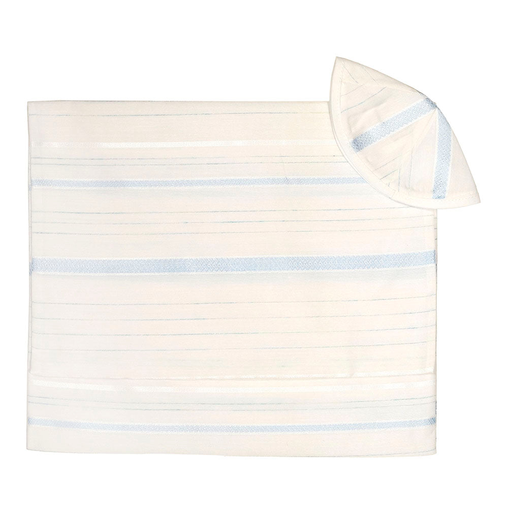 Tallit Set White Chiffon with Light Blue Bands