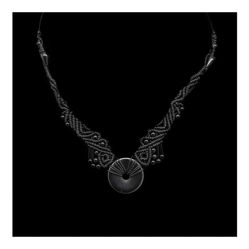 Macrame Necklace with Stone Washer in Black