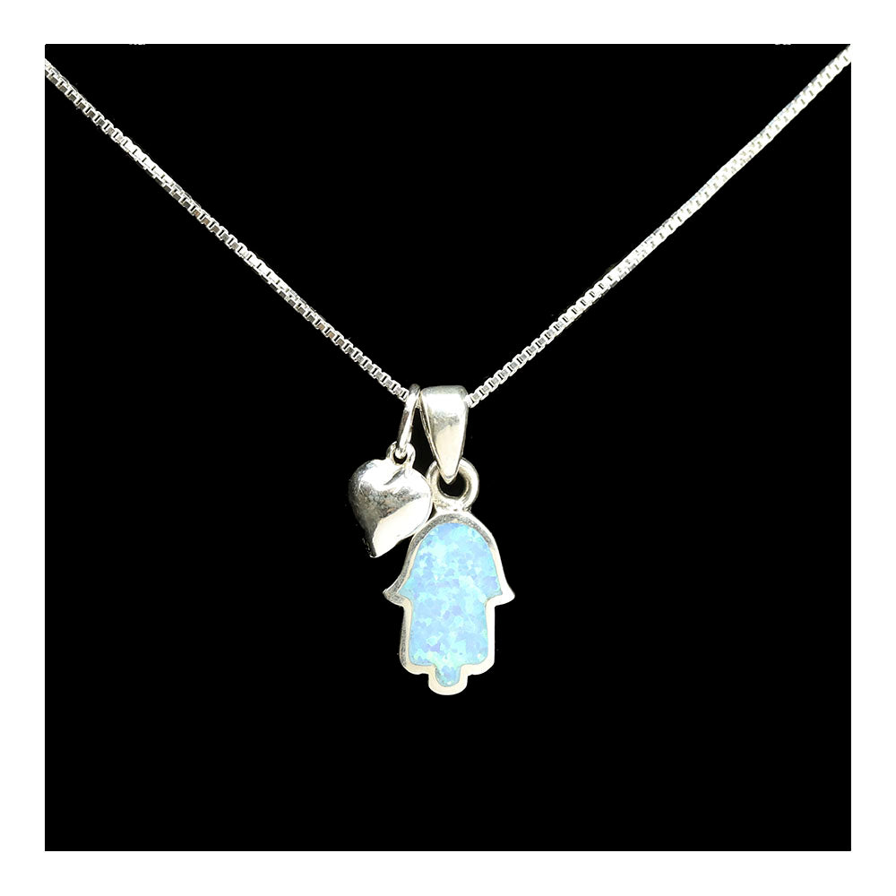 Sterling Opalite Hamsa and Heart Necklace