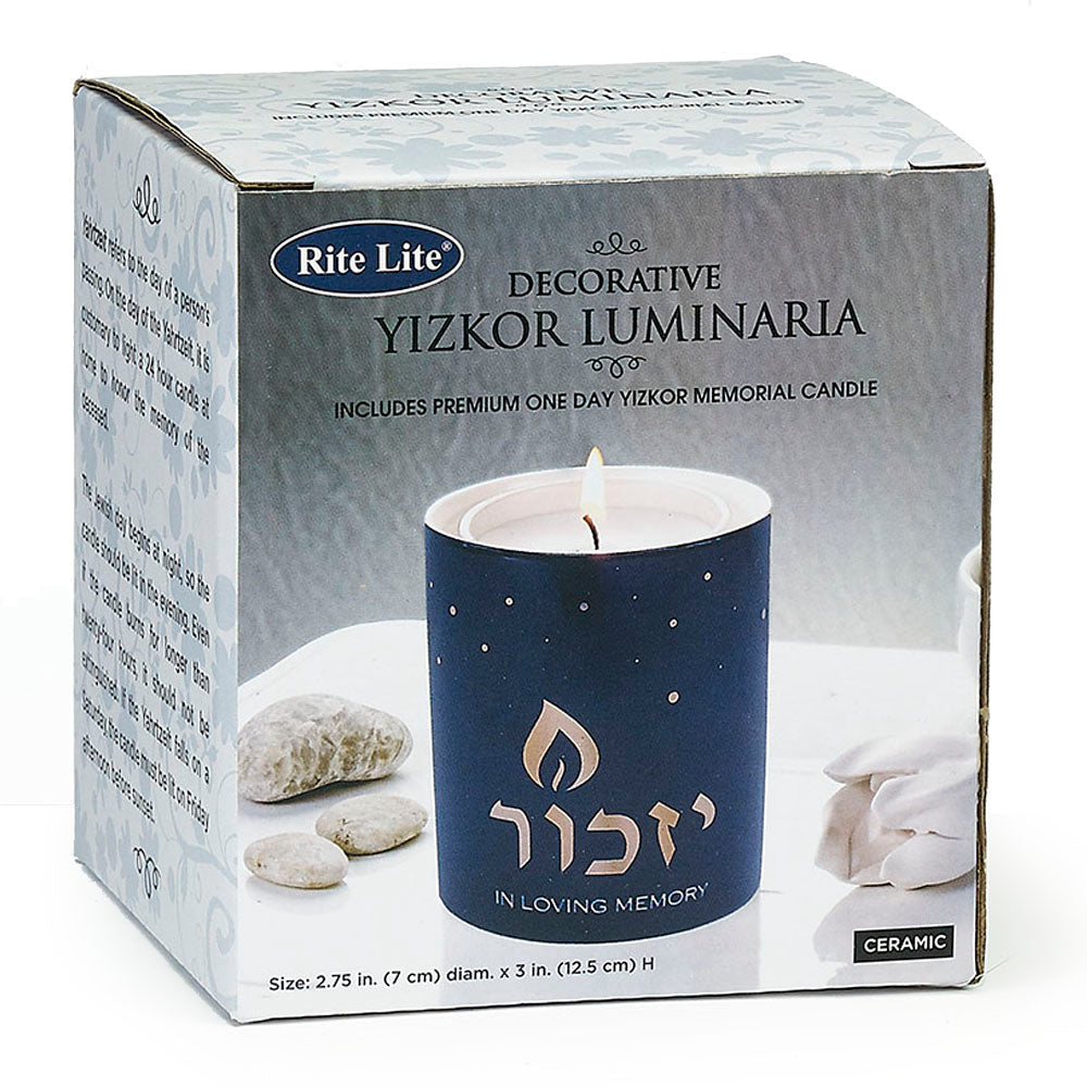 Blue Ceramic Yizkor Luminaria w/ Gold Accents