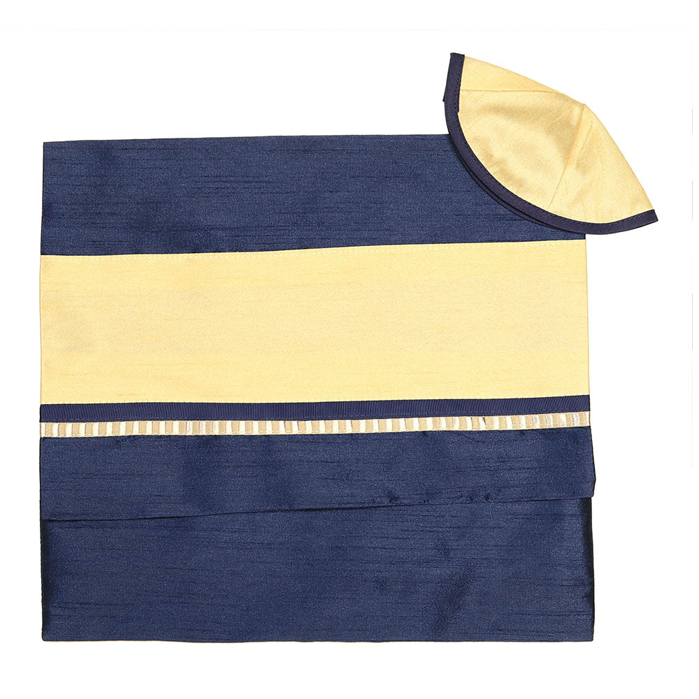 Raw Silk Navy Blue & Gold on Wool Tallit Set