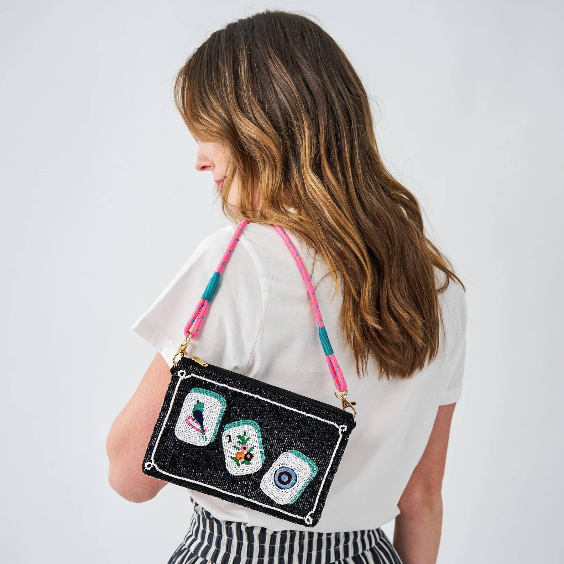 Leila Mahjong Seed Bead Clutch With Strap