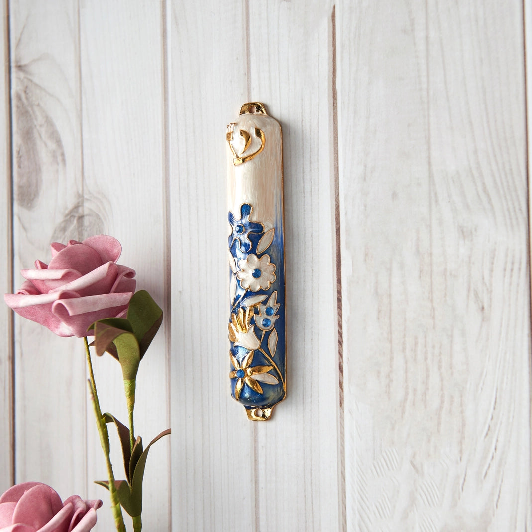 Blue and Ivory Enamel Flower Mezuzah