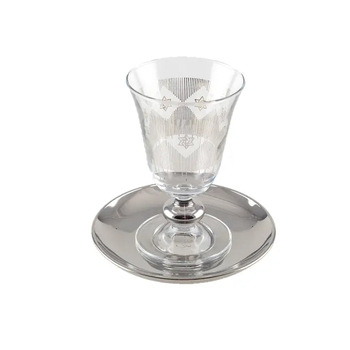 Star of David in Silver on Glass Kiddush Cup and Saucer