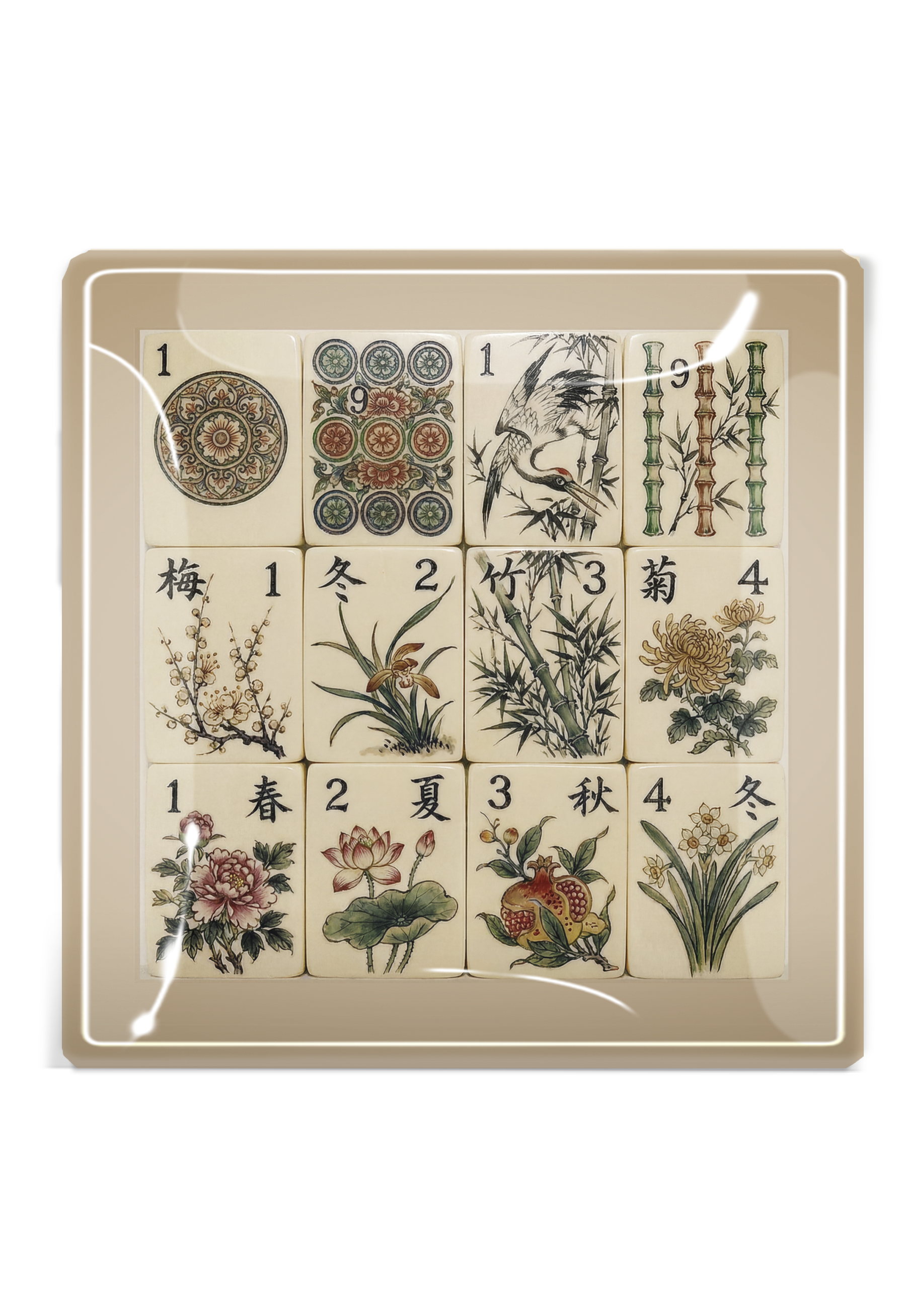 Four Seasons Mahjong Decoupage Glass Tray