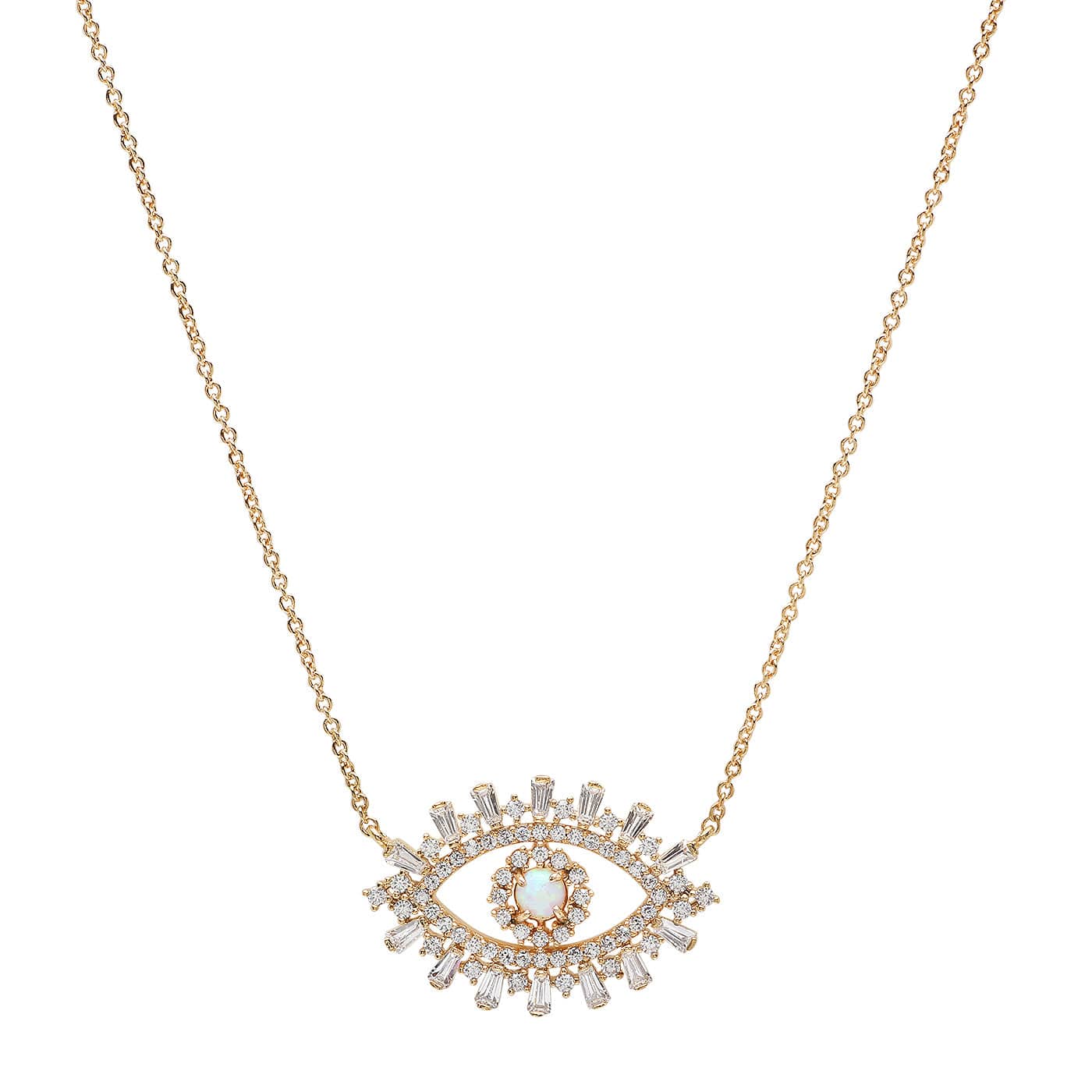 Evil Eye Necklace With Opal Center And Baguette CZ