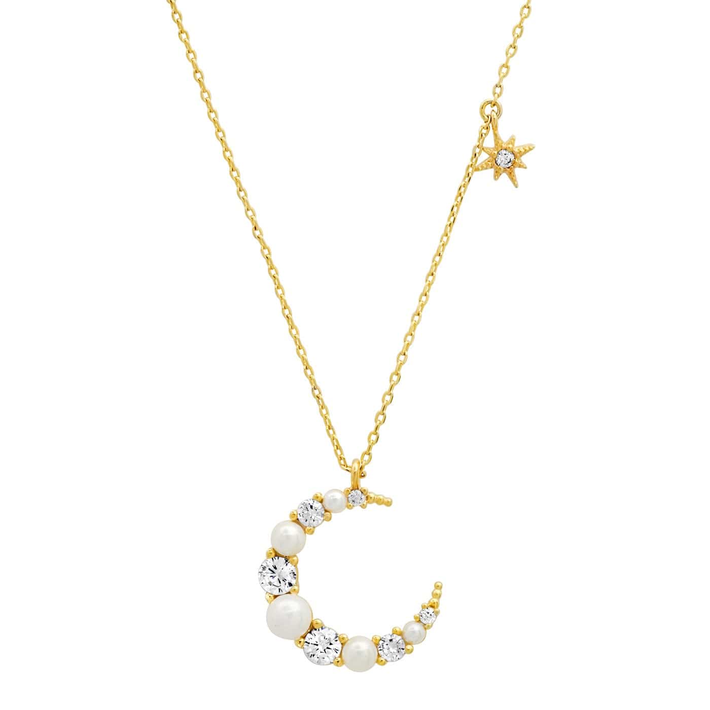 Pearl and CZ Crescent Moon Pendant