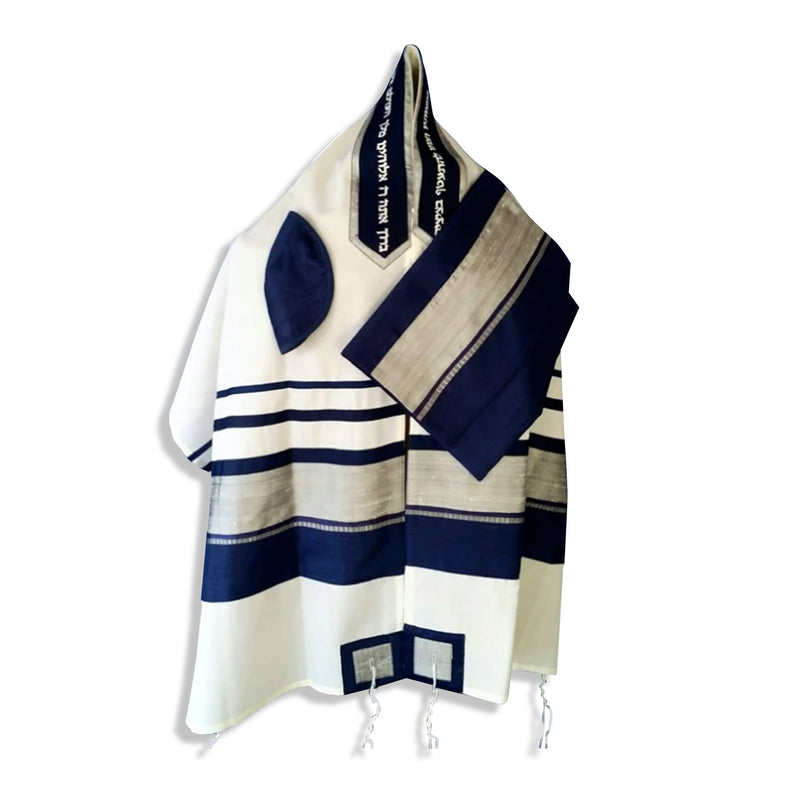 Tallit Set in Cream with Navy and Taupe Ribbon