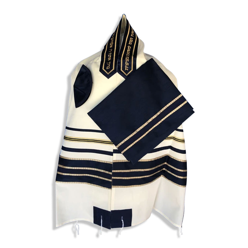 Cream with Navy and Gold Ribbon Tallit Set