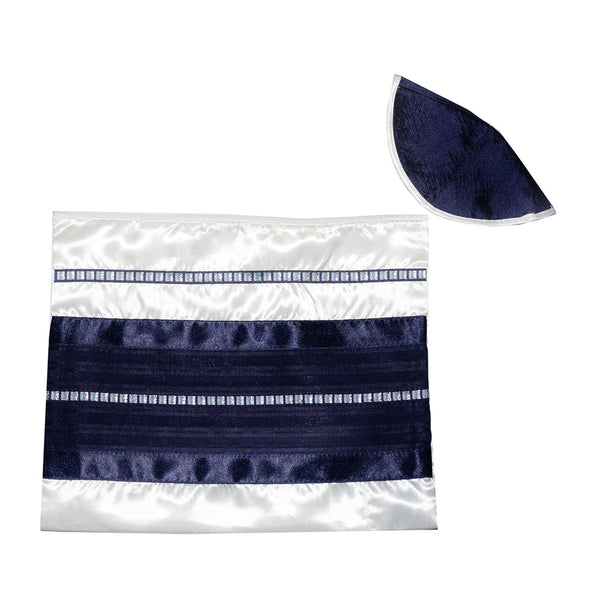 Tallit Set with Navy Band and Gradient Squares