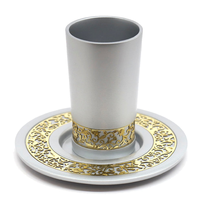 Kiddush Cup and Plate Set - Pomegranate and leaf decoration