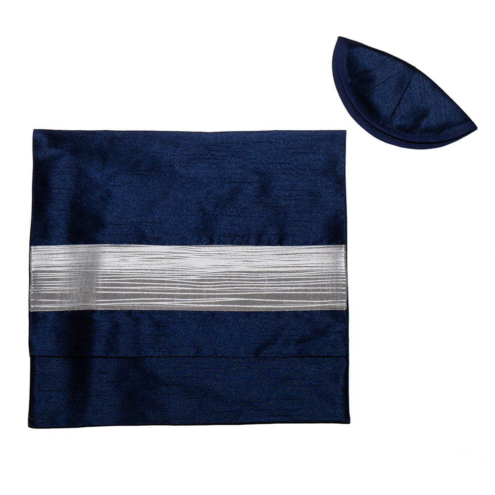 Ecru with Navy and Silver Gray Wave Ribbon Tallit Set