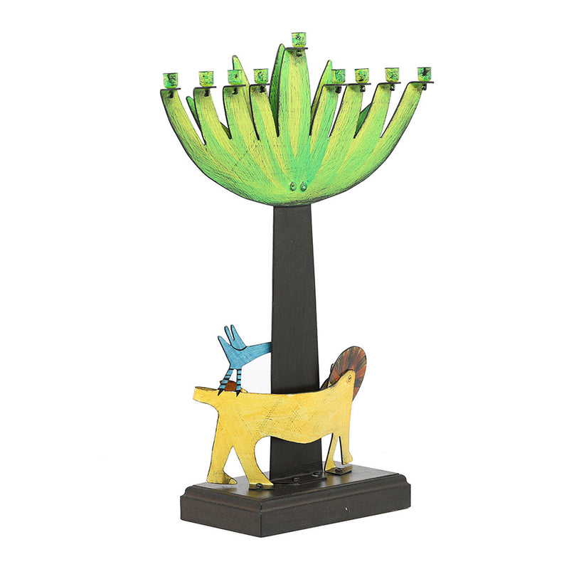 Artisan Handmade Tree Flanked by Lion Hanukkiah