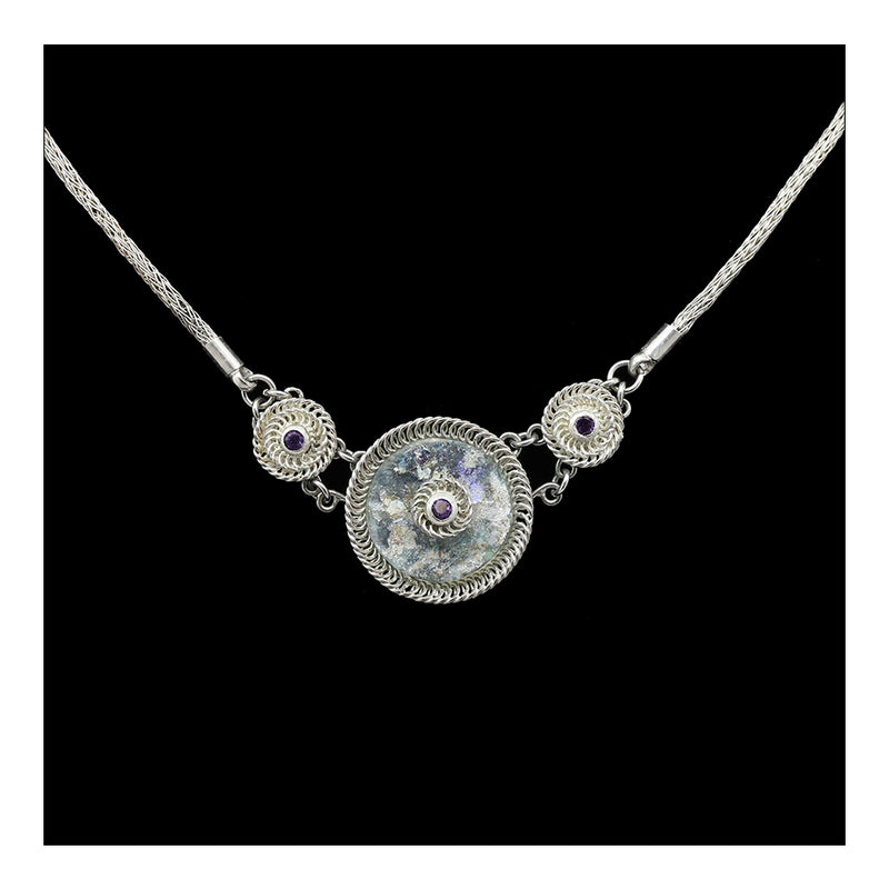 Silver and Roman Glass Necklace with Amethyst
