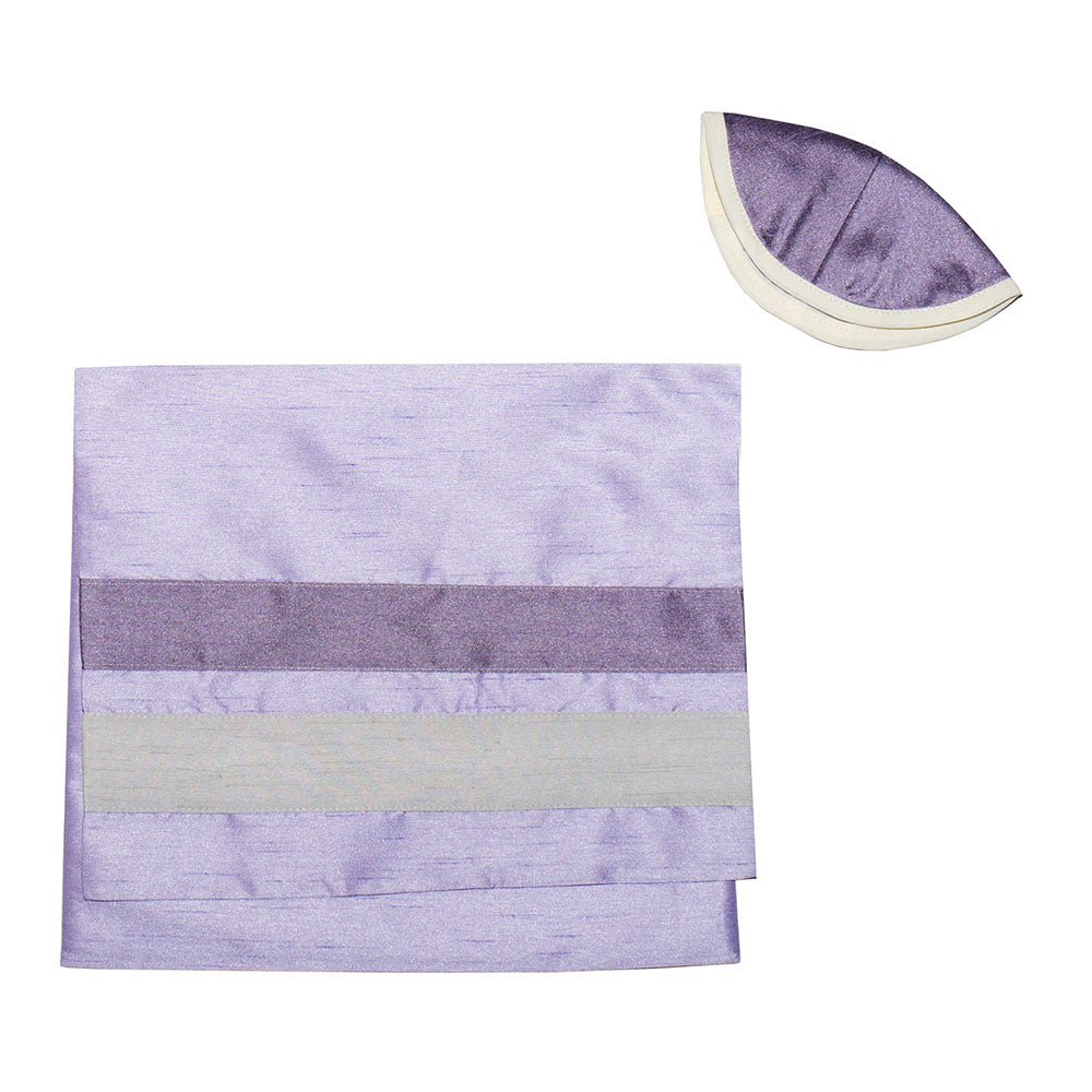 Cream Raw Silk with Purple Ribbons Tallit Set
