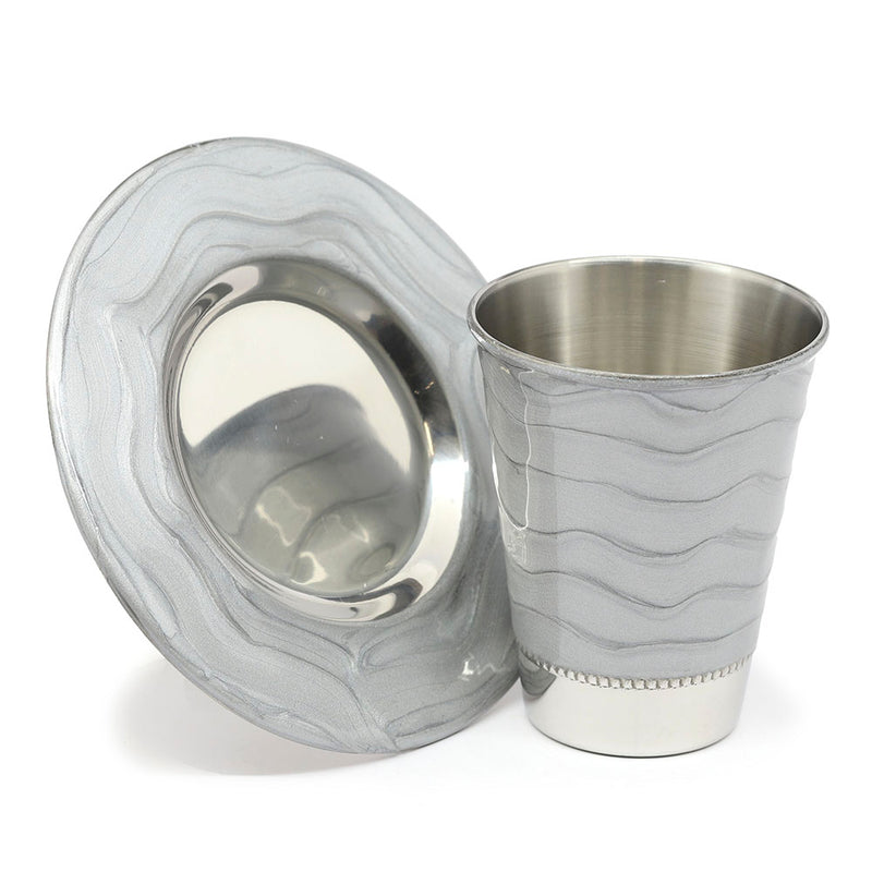 Kiddush Cup and Plate Set- Gray Enamel Waves