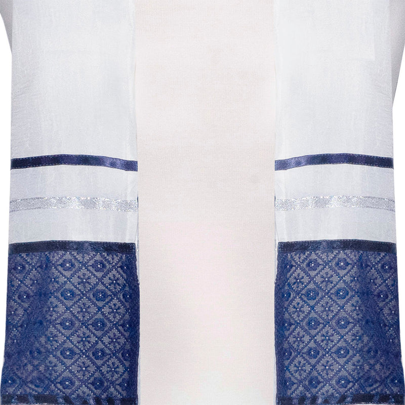Tallit Set Sheer Silk with Navy Geometric Flower Band