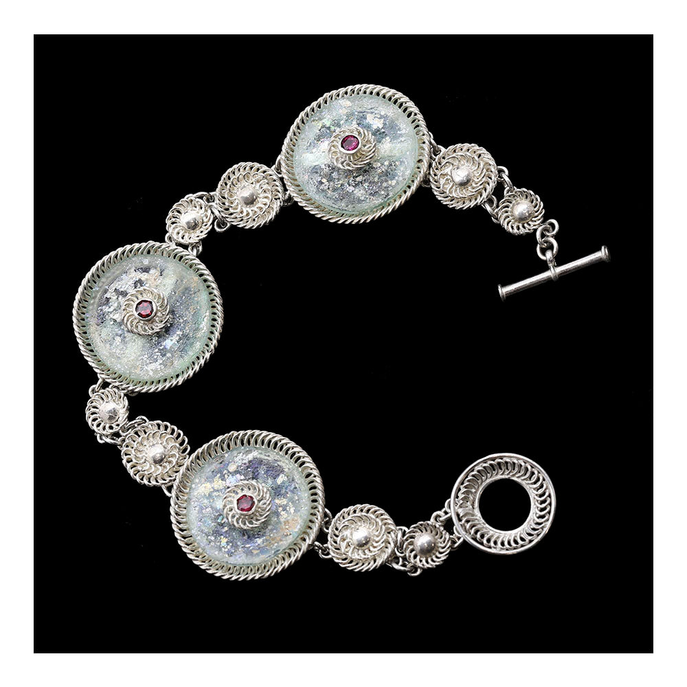 Silver and Roman Glass Bracelet with 3 Flowers Centered with Garnets