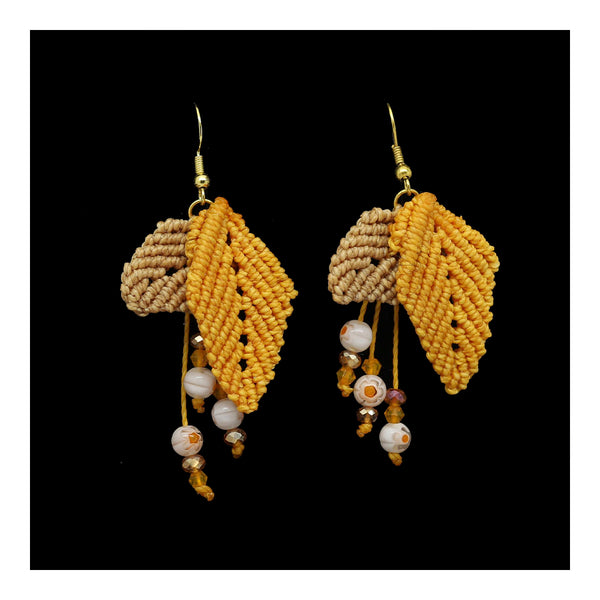 Macrame & Bead Leaf Earrings in Beige and Burnt Umber